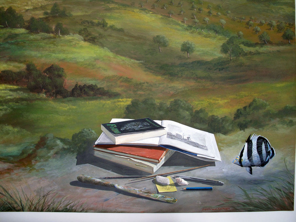 Détail de trompe-l’oeil et paysage. Particulier.